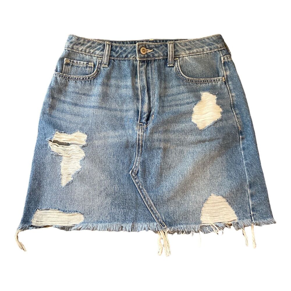 Hollister Ultra High Rise Distressed Denim Skirt Women‎ Size 5 W27 100% Cotton